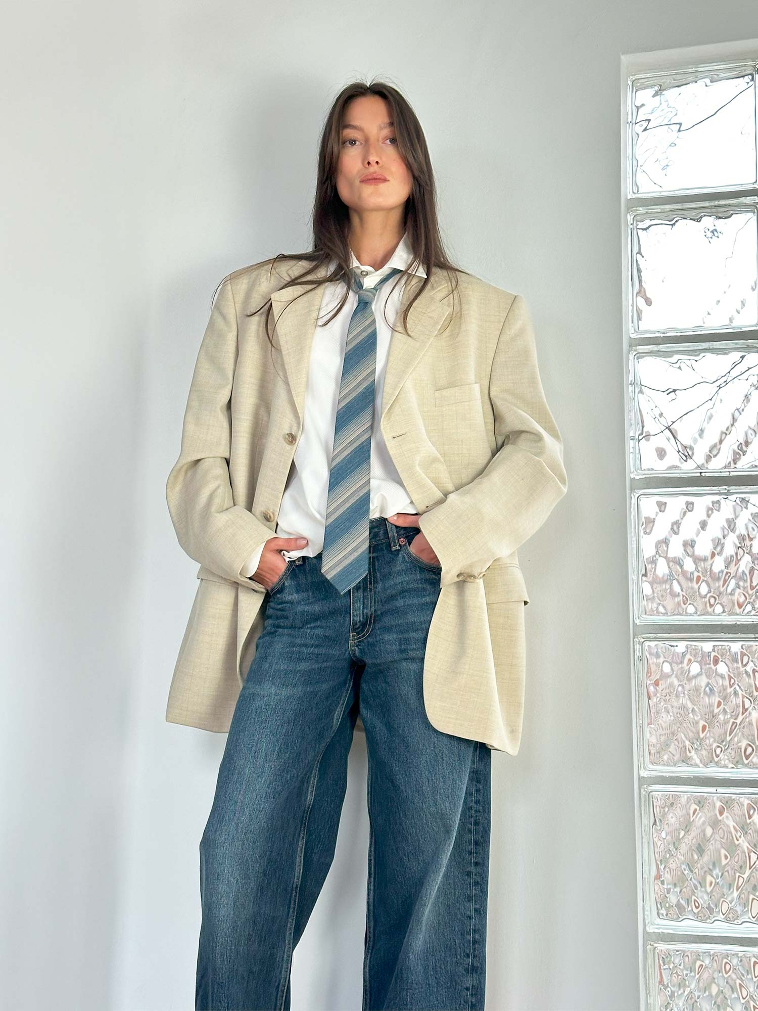 OVERSIZED BLAZER  BEIGE FEIN KARIERT